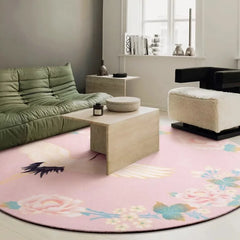 Ihomed Retro Round Living Room Carpets Pink Ethnic Style Bedroom Carpet Crane Flower Girl Room Rug Luxury Art Easy To Care Rugs