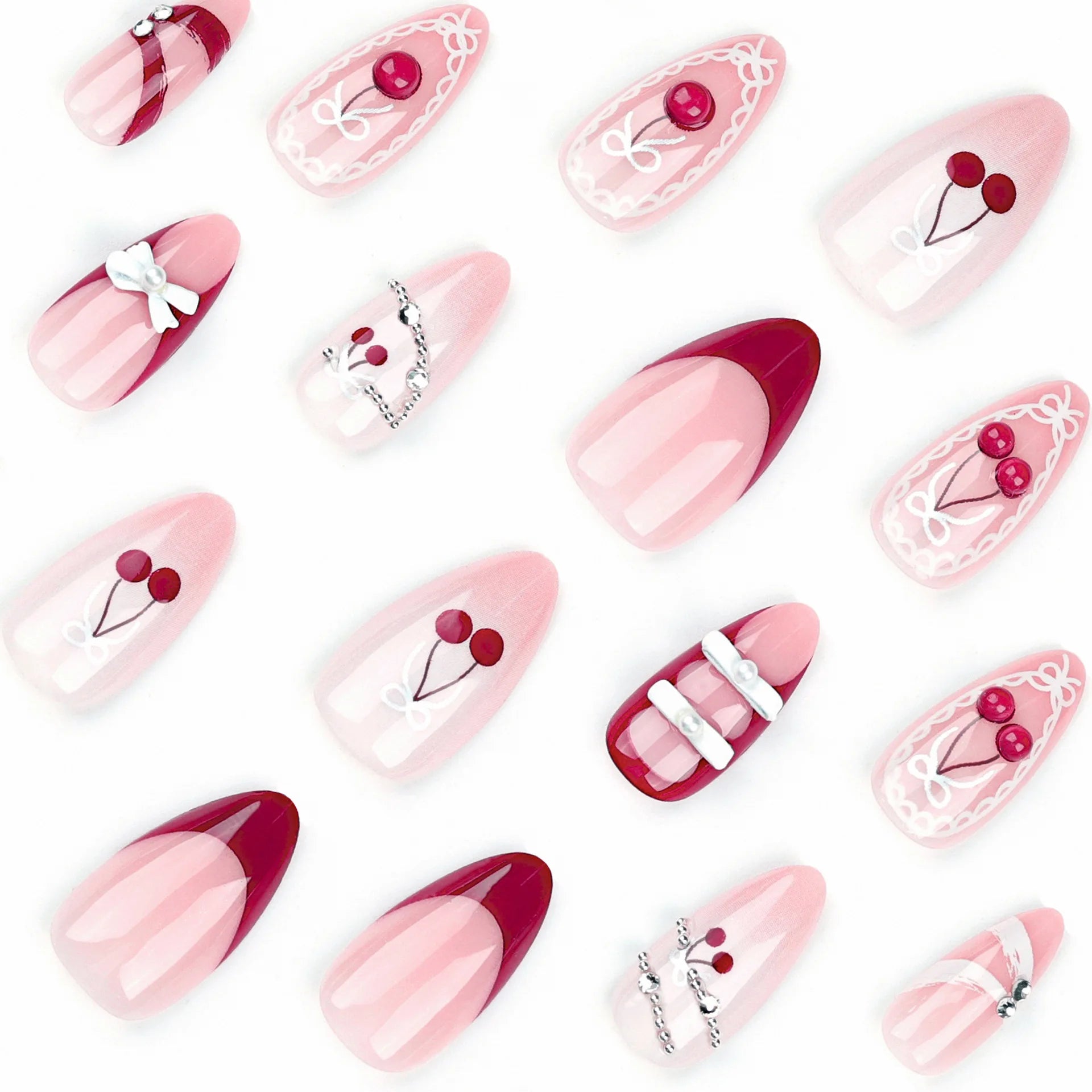 Ihomed 24pcs Red Cherry Fake Nails French Almond Press on Nails with white Bow Decor Full Cover Wearable False nail Tips For Women