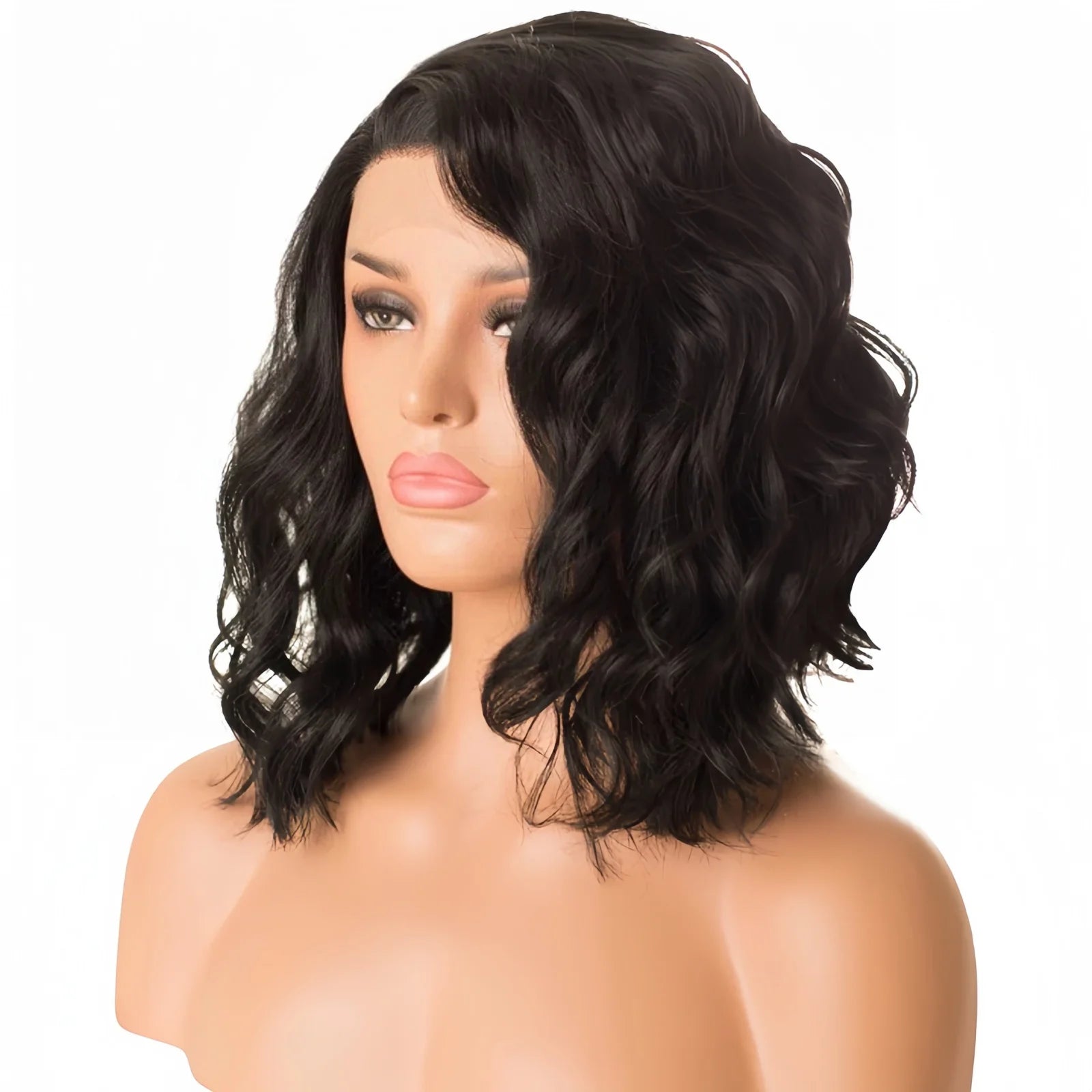 Ihomed Short Black Wavy Wig for Women Synthetic Lace Front Wig 12 Inch Shoulder Length Side Part Bob Curly Wig 13x4 Frontal Daily Use