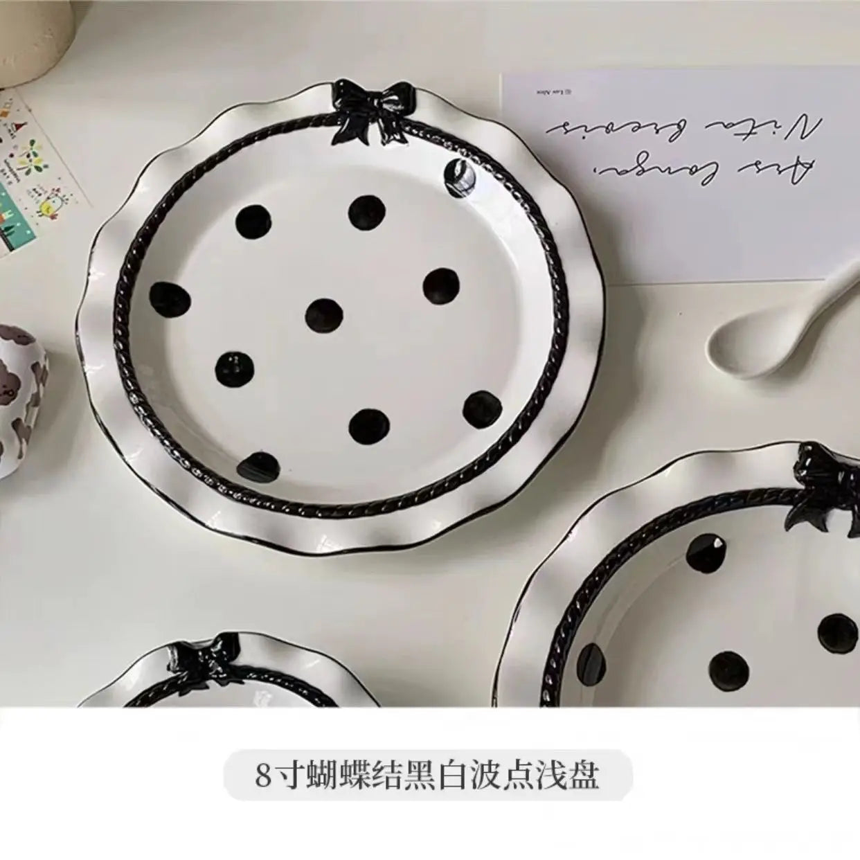 Ihomed Polka Dot Ceramic Bowls, Elegant Black and White Dessert Plate for Home, Sweets and Snacks, Adorable and Trendy Kitchenware