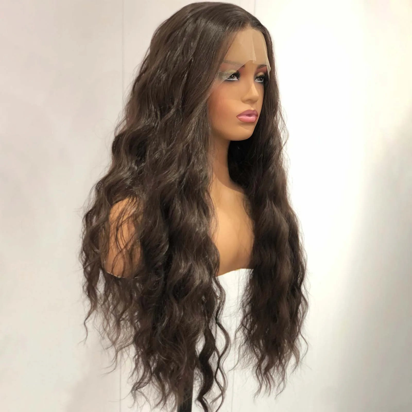 Ihomed Dark Brown Long Curly Wavy Wig Synthetic Lace Front Wig Loose Deep Natural Brunette Colored Hair 13X4 Frontal Wigs for Women