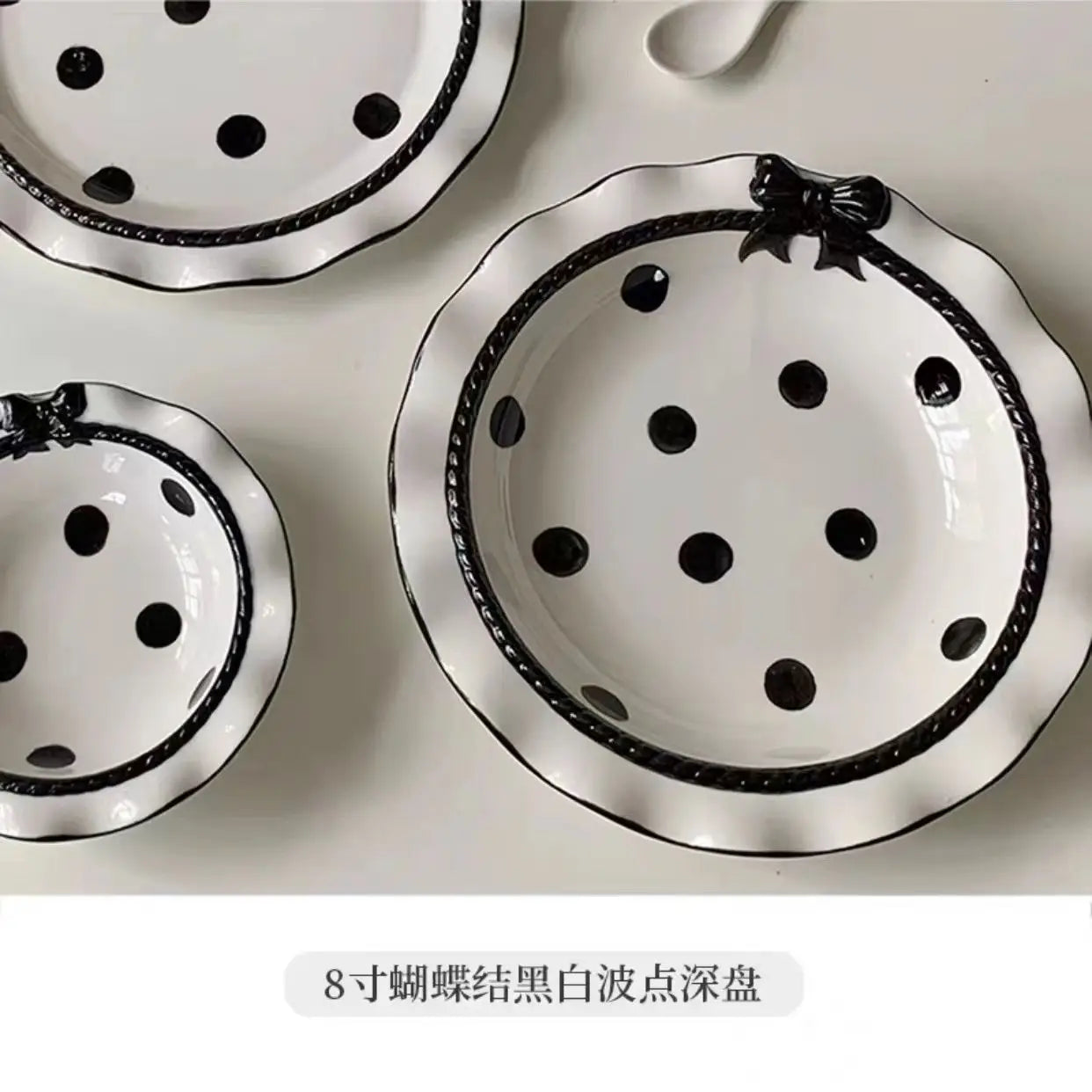 Ihomed Polka Dot Ceramic Bowls, Elegant Black and White Dessert Plate for Home, Sweets and Snacks, Adorable and Trendy Kitchenware