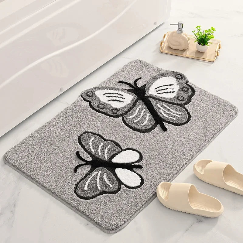 Ihomed Butterfly Pattern Rug Luxury Rugs For Bathroom Super Absorbent Foot Bath Mats Shaggy Bathroom Rugs Non-Slip Modern Bath Carpet