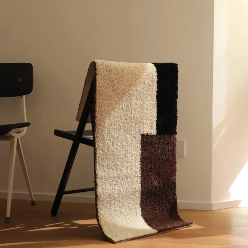 Ihomed Plaid Stripe Long Carpet Soft Plush Cashmere Bedside Blanket Rug Tufted Anti-Slip Plush  Floor Mat Entrance Bedroom Table Mat