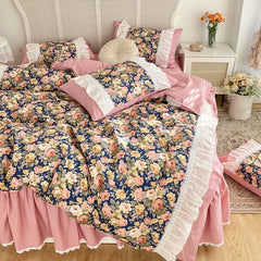 Ihomed Korean Floral Bed Sheet Set For Girls 100% Cotton Princess Ruffles Bedclothes Duvet Cover Pillowcase Bed Skirt King Home Textile