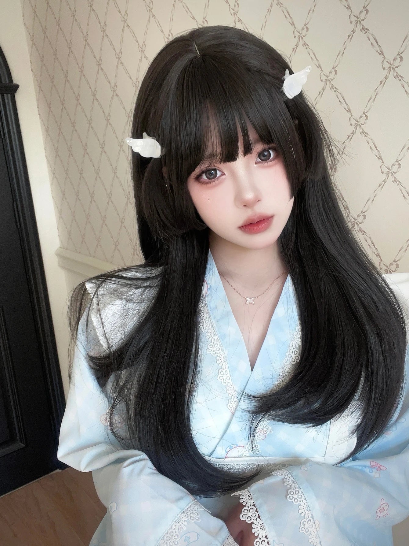 Ihomed 22Inch Black Lolita Hime Cut Synthetic Wigs with Bang Long Natural Straight Hair Wig for Women Daily Use Cosplay Heat Resistant