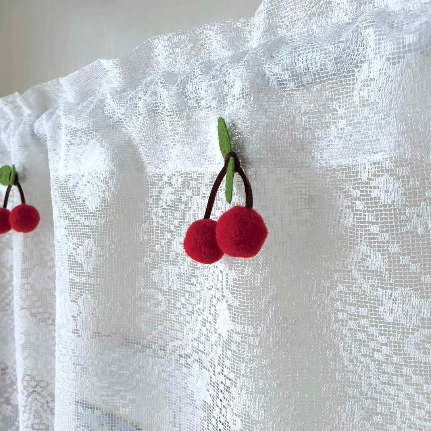 Ihomed White Lace Embroidery Tulle Kitchen Curtain Cherry Pentagram Wavy Short Curtain Cute Coffee Half Window Curtain