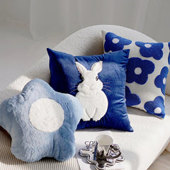 Ihomed Cartoon Blue Rabbit Embroidered Pastoral Floral Cushion Cover Pillow Cover for Sofa Bedroom