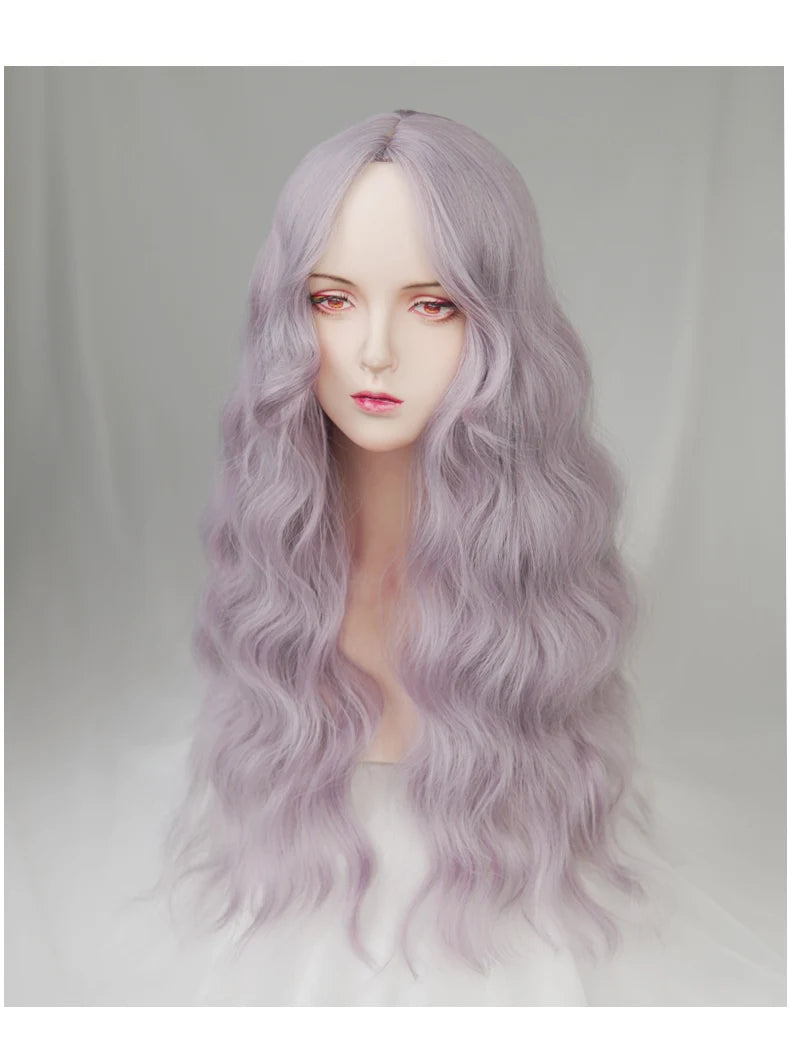 Ihomed Gray Purple Fleece Roll Medium Split Large Waves Lolita Long Curly Hair Bangs High Temperature Synthetic Wig