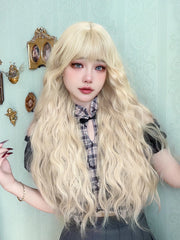 Ihomed 28Inch Light Blonde Color Synthetic Wigs with Bangs Long Natural Curly Hair Wig for Women Daily Use Cosplay Heat Resistant