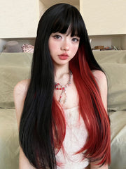 Ihomed 26Inch Black and Red Special Style Synthetic Wigs With Bang Long Straight Hair Wig For Women Daily Use Cosplay Heat Resistant