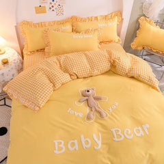 Ihomed Cartoon Bear Kids Bedding Set Washed Cotton Flat Sheet Lace Quilt Cover Kawaii Bedclothes Decor Home Textiles