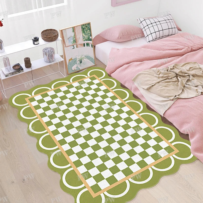 Ihomed carpet cute plaid irregular IG girly rugs large area bedroom carpet fluffy soft polyester floor mat decoration home