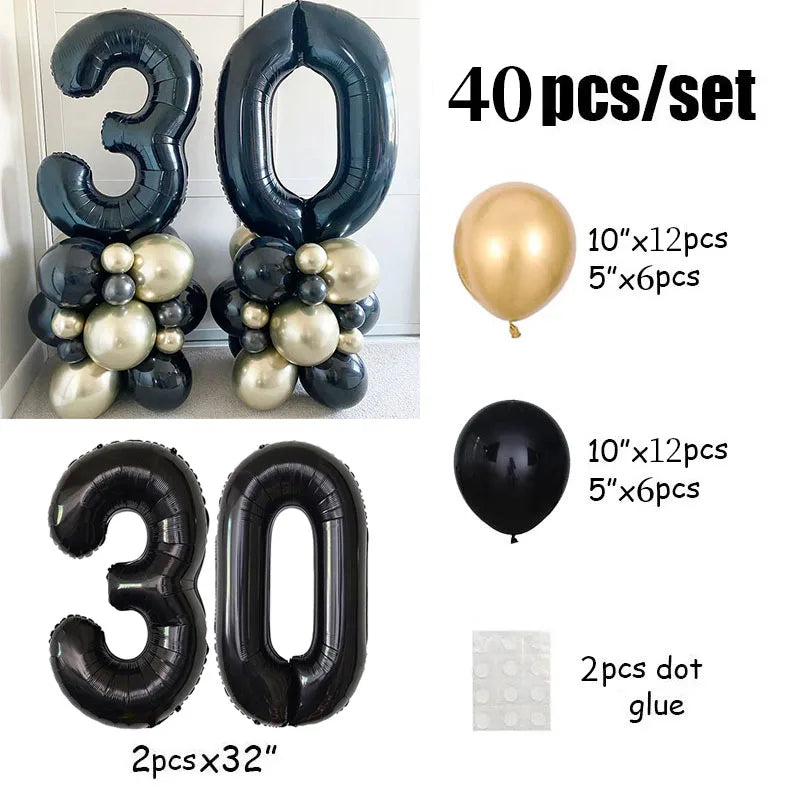 Ihomed 40pcs Black 32inch Number Foil Balloons 30th Happy Birthday Party Decorations Adult Women 30 Anniversary Wedding Globos Supplies