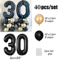 Ihomed 40pcs Black 32inch Number Foil Balloons 30th Happy Birthday Party Decorations Adult Women 30 Anniversary Wedding Globos Supplies