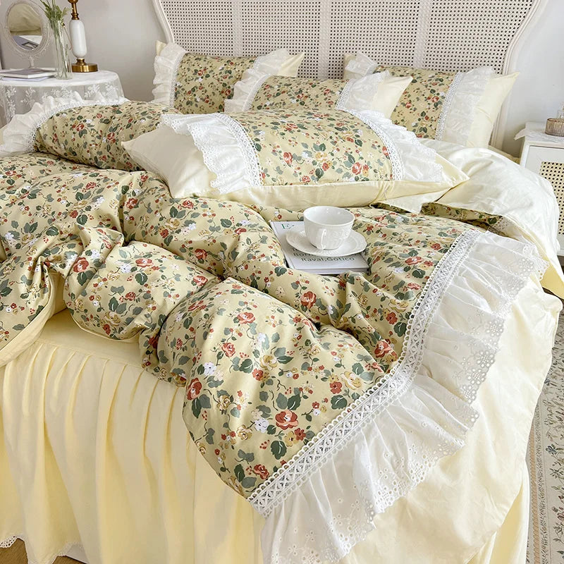 Ihomed Korean Floral Bed Sheet Set For Girls 100% Cotton Princess Ruffles Bedclothes Duvet Cover Pillowcase Bed Skirt King Home Textile