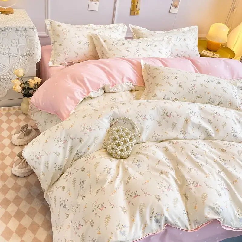 Ihomed Ins Pink Flowers Bedding Set Flat Bed Sheet Pillowcase Twin Full Queen Size Nordic Bed Linen Women Girls Floral Duvet Cover Set