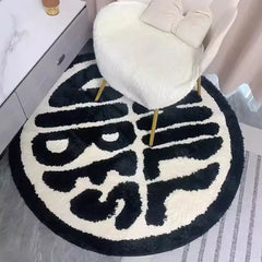 Ihomed Black And White Round Tufted Bedroom Rug Soft Fluffy Letters Mat Bedside Carpet Floor Anti Slip Pad Aesthetic Home Room Decor