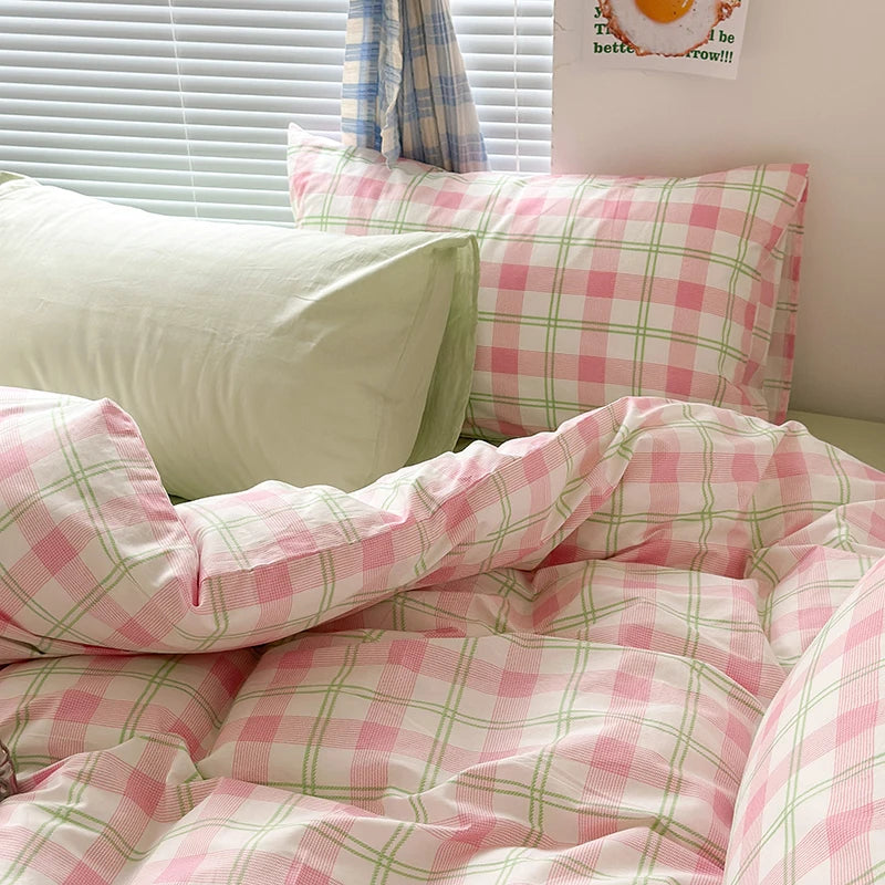 Ihomed INS Pink Green Lattice Stripe Bedding Set Plaid Duvet Cover Soft Microfiber Bed Linen Twin Full Queen Size Grid Home Textiles