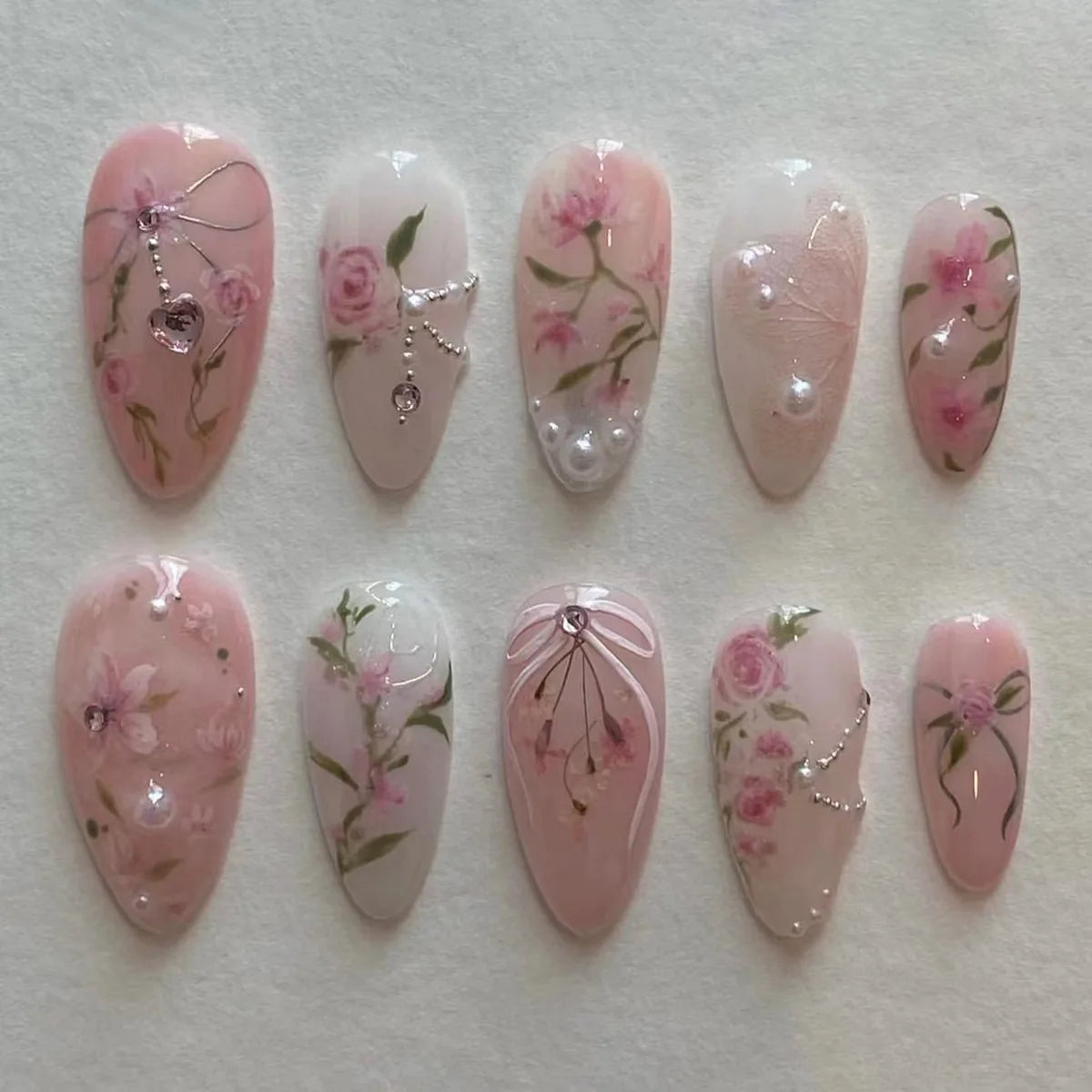 Ihomed 24pcs Summer Pink Rose Press on Nails 3D Pearl Decor Almond False Nail Patch for Girl Lady Wearable Full Cover Fake Nail Tips