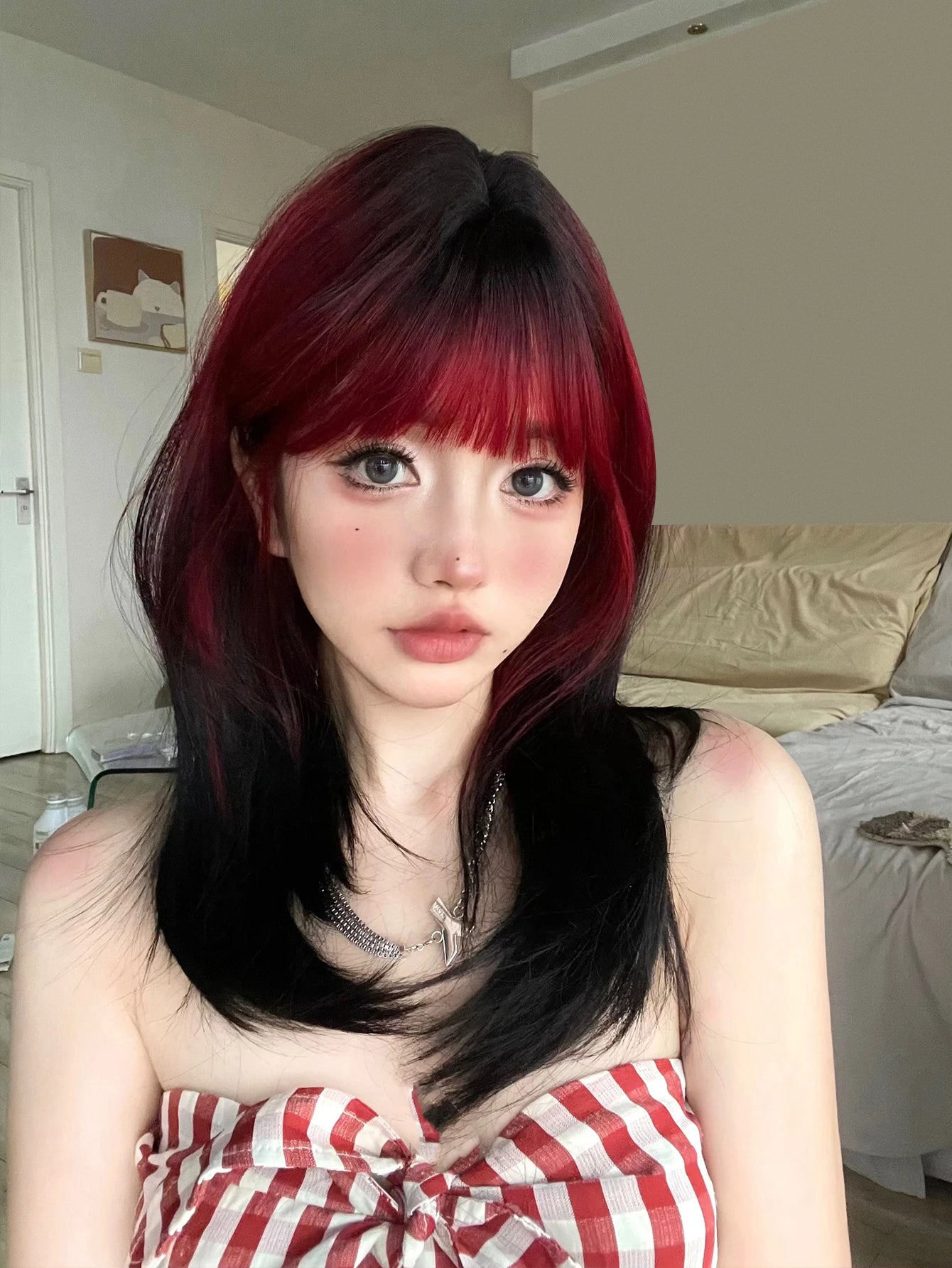 Ihomed 20Inch Black Red Gradient Lovely Synthetic Wigs With Bangs Medium Natural Straight Hair for Women Daily Use Party Heat Resistant