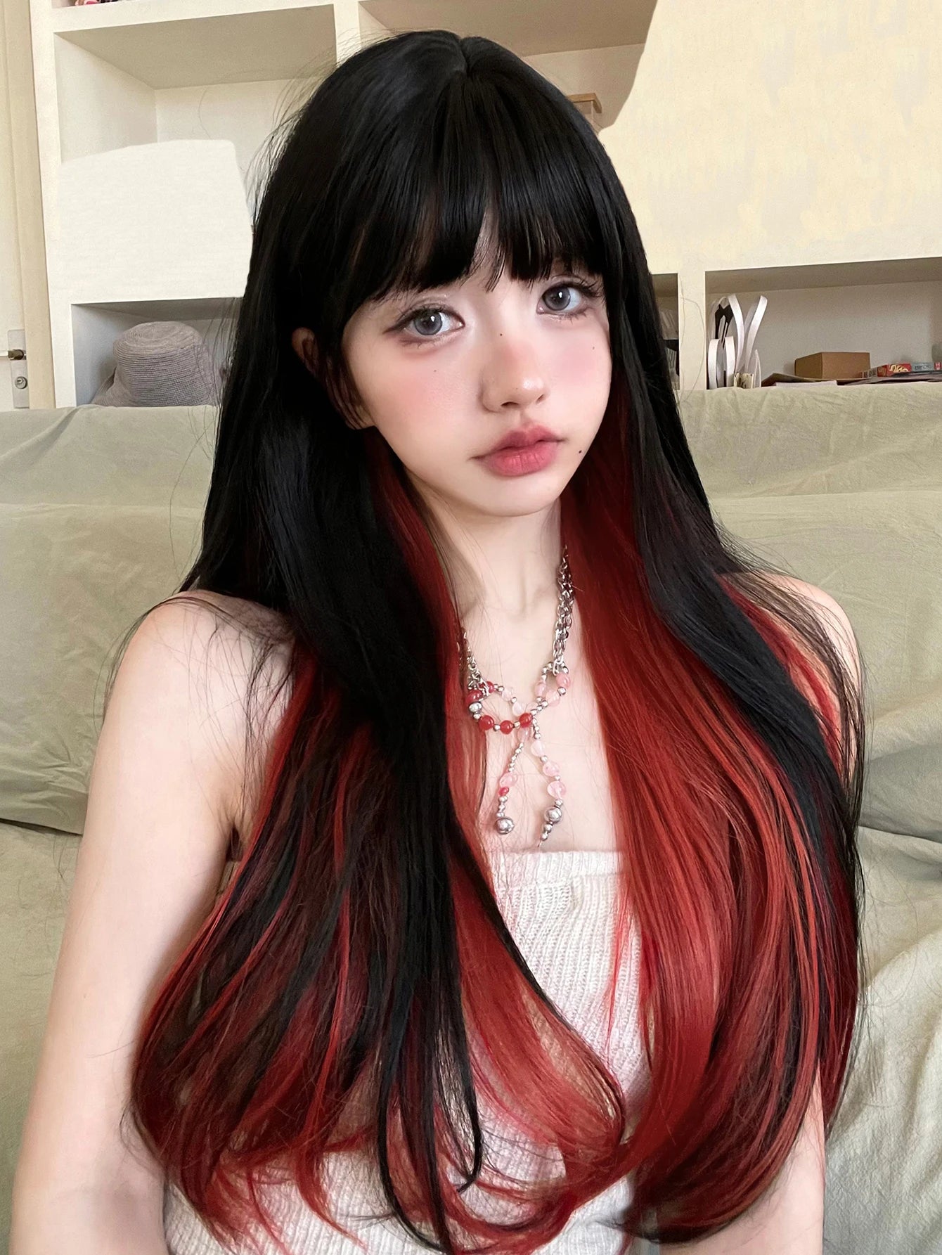 Ihomed 26Inch Black and Red Special Style Synthetic Wigs With Bang Long Straight Hair Wig For Women Daily Use Cosplay Heat Resistant