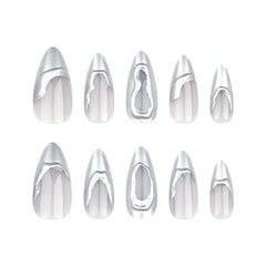 Ihomed 24pcs French Sliver Fake Nails 3D Sliver Mirror Design Almond Press on Nails for Girls Full Cover Wearable Y2k False Nail Tips