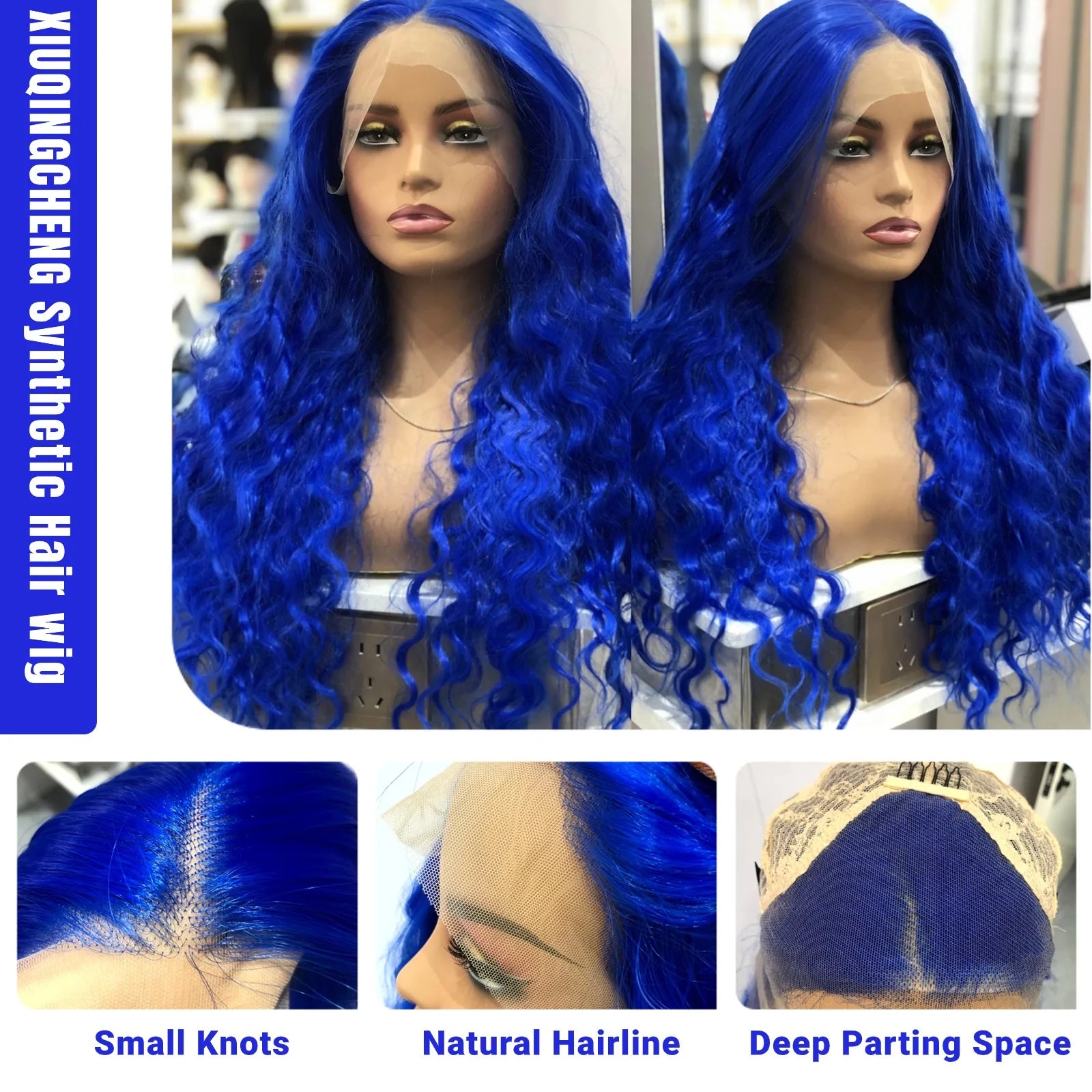 Ihomed Blue Wig Long Blue Curly Wig Synthetic Lace Front Wig Glueless Wigs Ready to Wear Water Wave Deep Curly Wigs for Women Party