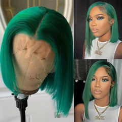 Ihomed Brazilian Straight Lace Short Bob Dark Green Remy Human Hair Wigs Colored Transparent Lace Frontal Wigs 200 Density Lace Bob Wig