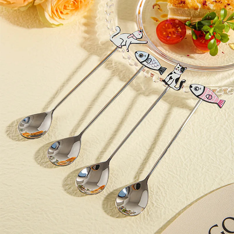 Ihomed Cute Paintings Cat 304 Stainless Steel Spoon Hollow for Coffee Tea Dessert Spoon Kitchen Tableware Gifts for Students Children