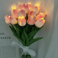 Ihomed 5/10pcs LED Tulips Artificial Flowers PU Tulip Fake Flower Bouquet Night Light for Home Garden Decoration Wedding Birthday Gift