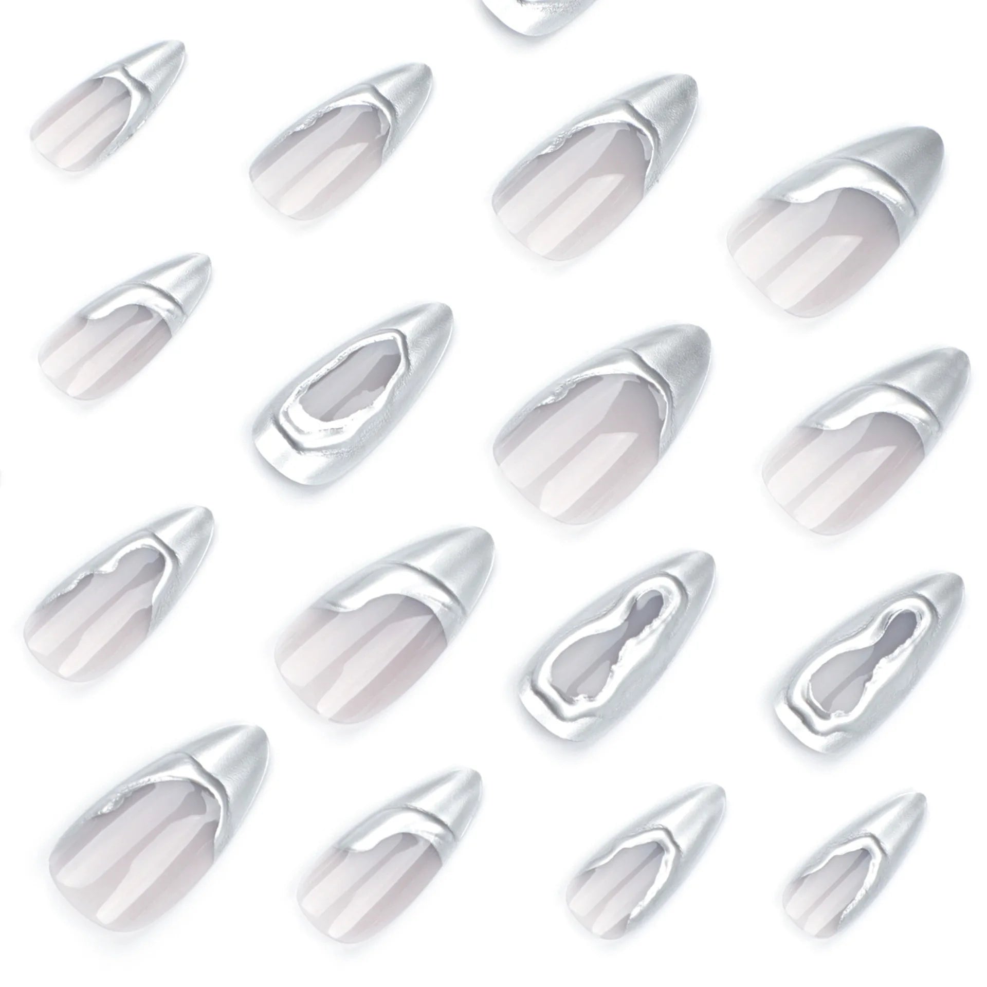 Ihomed 24pcs French Sliver Fake Nails 3D Sliver Mirror Design Almond Press on Nails for Girls Full Cover Wearable Y2k False Nail Tips