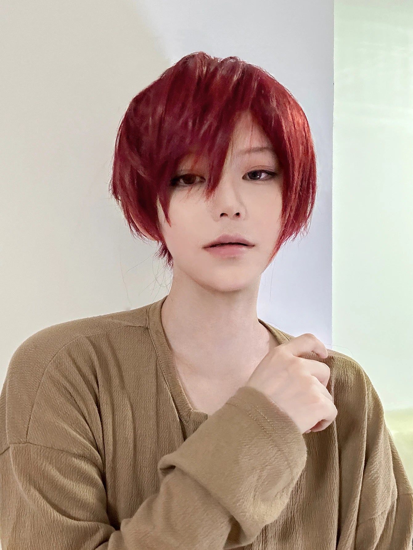 Ihomed 8Inch Wine Red Color Handsome Synthetic Wigs With Bang Short Straight Hair Wig For Man or Women Daily Use Cosplay Heat Resistant