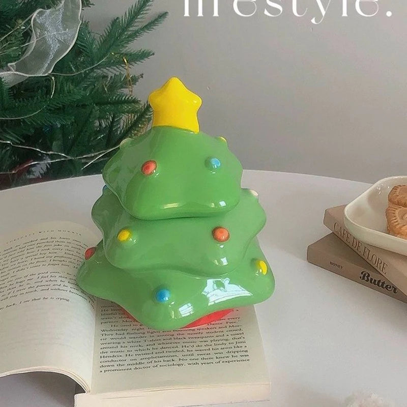 Ihomed Green Christmas Tree Ceramic Storage Candy Jar Nordic Table Ornament Creative Home Decoration Kitchen Candy Biscuits Storage Jar