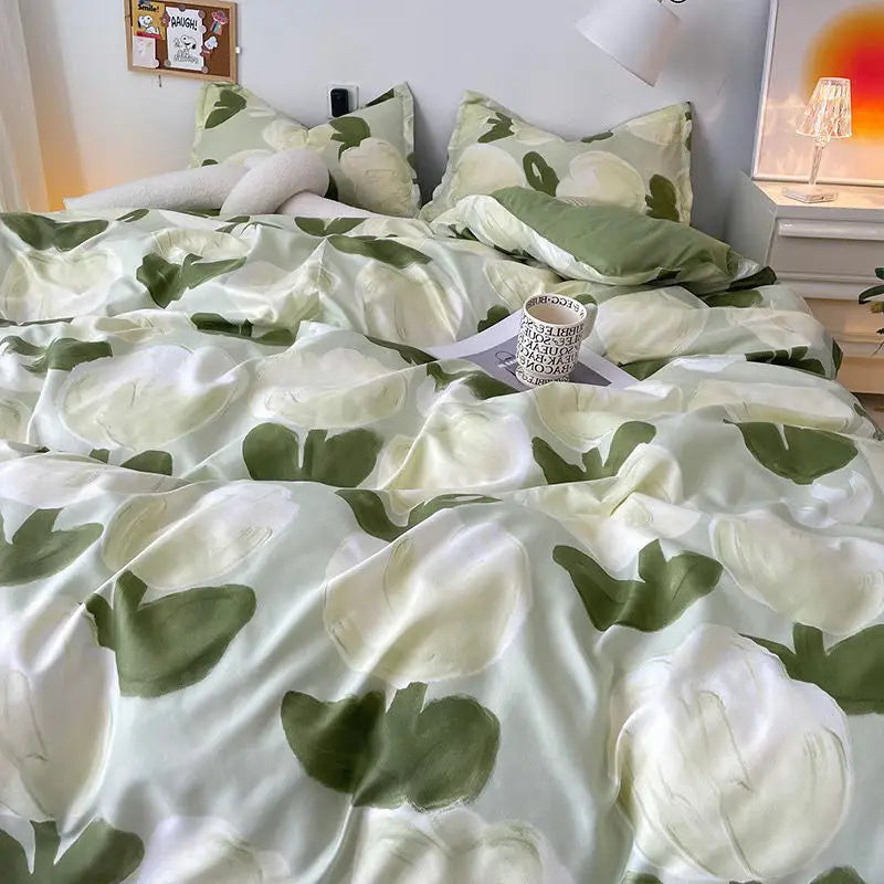 Ihomed INS Tulip Bedding Set Green Floral Duvet Cover Queen Full Twin Size Flat Bed Sheet Floral Pillowcase Girls Bed Linen NO Filling