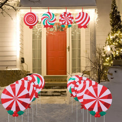 Ihomed 6PCS Christmas Outdoor Yard Signs Candy Decorations Xmas Yard Stakes Hanging Ornaments for Party Porch Lawn Walkway Decor