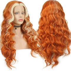 Ihomed Ginger Wig with Blonde Highlights Wig Synthetic Lace Front Wig Loose Deep Long Curly Wavy Hair 13X4 Frontal Wigs for Women Party