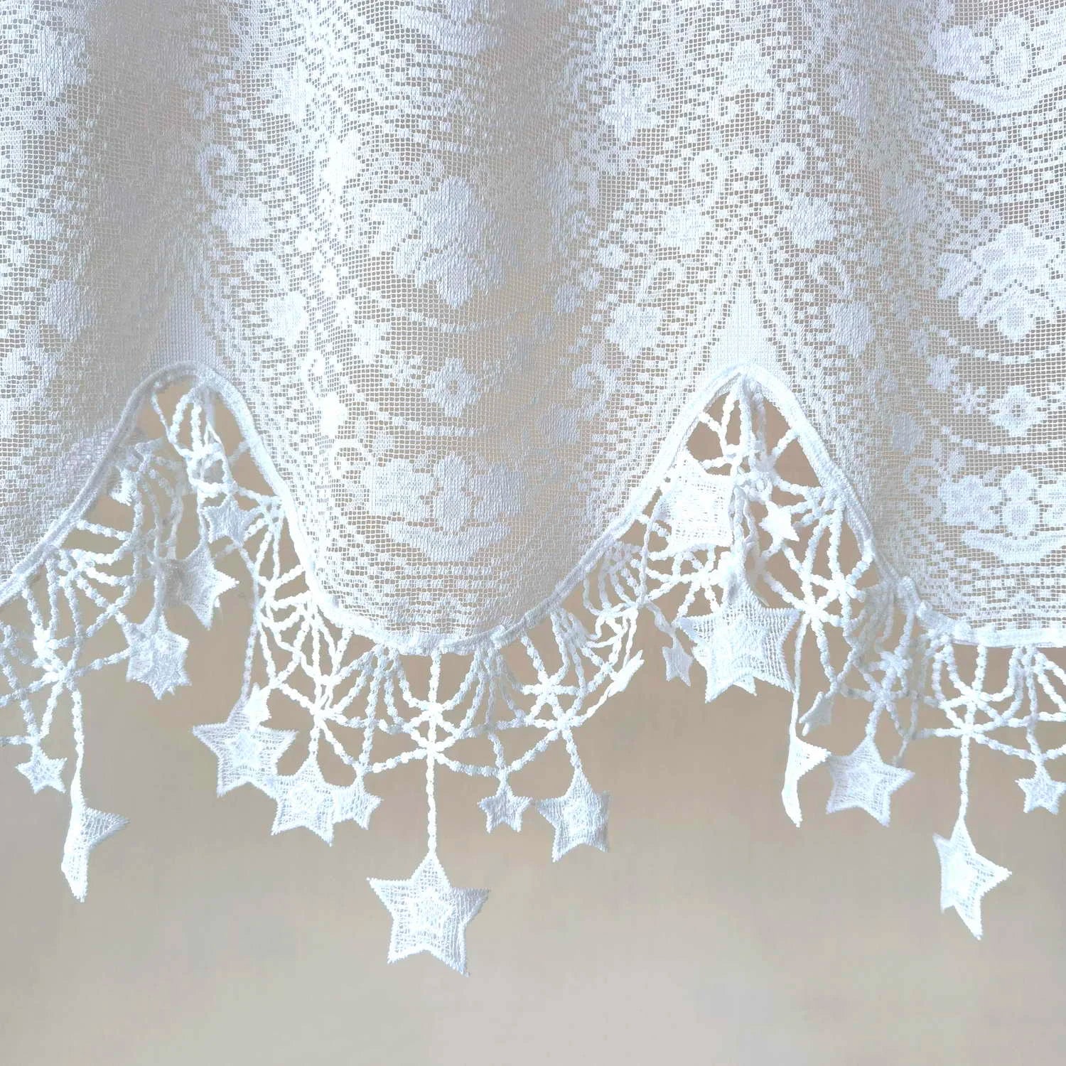 Ihomed White Lace Embroidery Tulle Kitchen Curtain Cherry Pentagram Wavy Short Curtain Cute Coffee Half Window Curtain