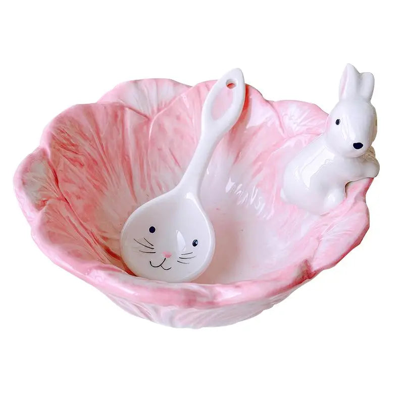 Ihomed Pink Bunny Bowl Set for Cute Girls，Porcelain Dessert, Salad, and Cereal Bowls with Spoons for Home and Dorm Use，Eco-Friendly