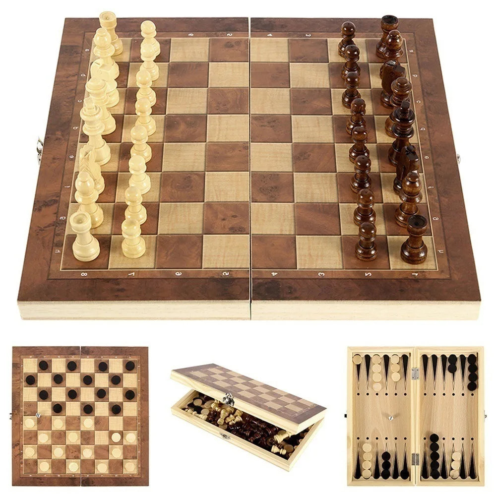 Ihomed Foldable International Chess 3-in-1 Wooden Chess Set Toy Educational Brain Training Board Game for Children High-end Gift