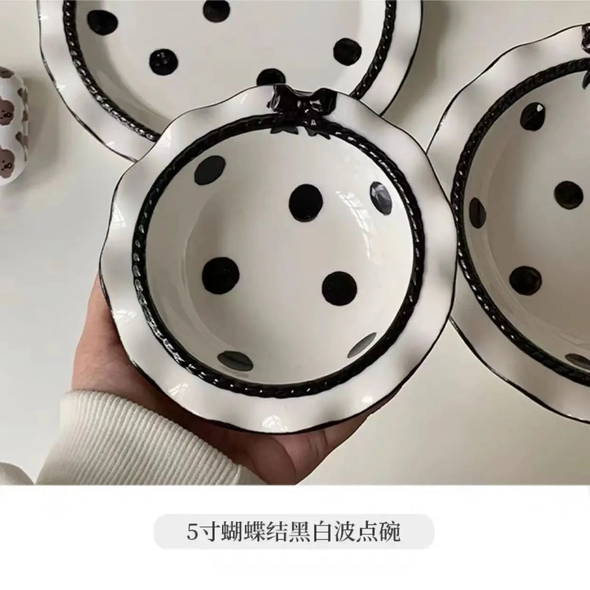 Ihomed Polka Dot Ceramic Bowls, Elegant Black and White Dessert Plate for Home, Sweets and Snacks, Adorable and Trendy Kitchenware