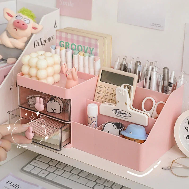 Ihomed Desktop Transparent Cosmetics Storage Box Desktop Organizer with Drawers Pen Holder Stationary Storage Rack for Office Desks