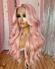 Ihomed Long Last 26Inch Wavy Pink Synthetic Hair Wigs for White Women Glueless Transparent Lace Front Wigs High Temperature Fiber