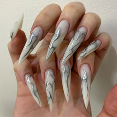 Ihomed 24Pcs Long Almond Stiletto False Nails Silver Base Ivy Design Press on Fake Nails Simple Wearable Nail Tips with Glue