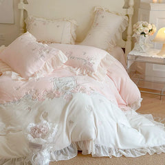 Ihomed French Romantic Bedding Set Luxury Flower Embroidery Princess Pink Ruffle Milk Velvet Quilt Duvet Cover Bed Sheet Set Bedclothes