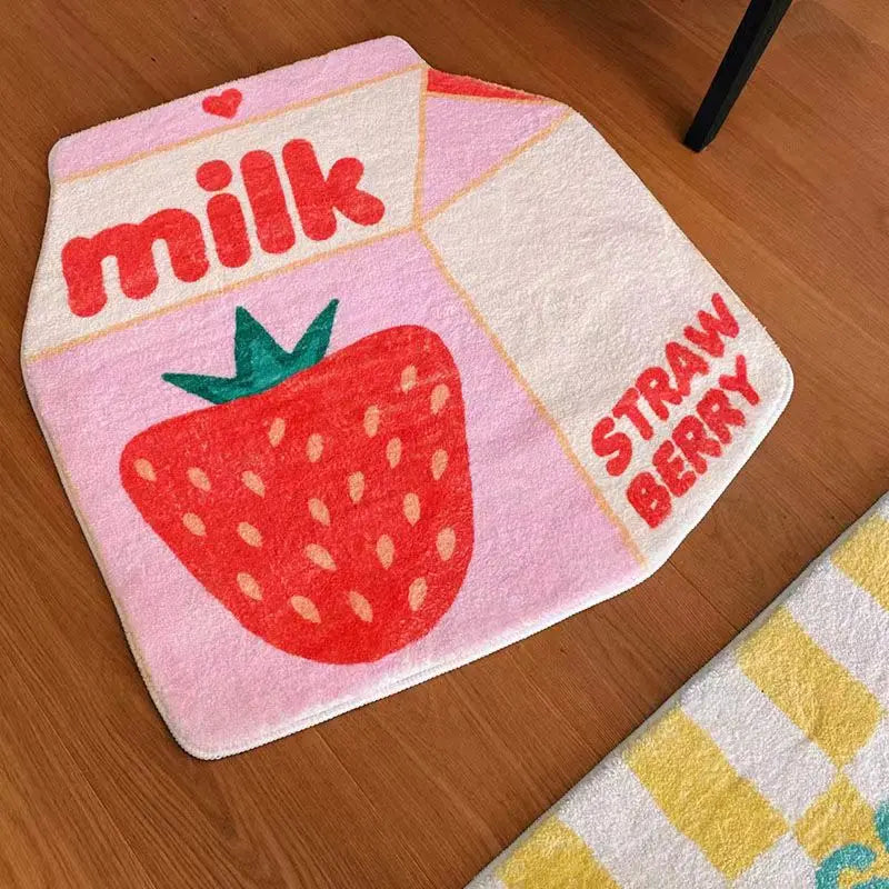 Ihomed Cute Milk Floor Mat Pink Strawberry Household Bedside Carpet Cartoon Room Decoration Anti Slip Rugs Aesthetic Rug