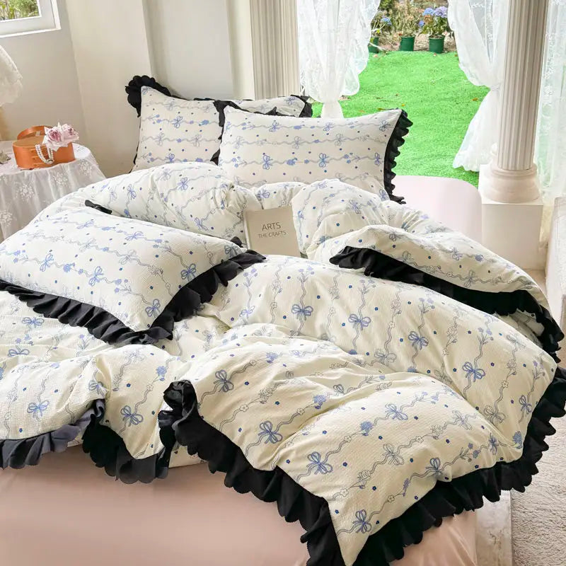 Ihomed  Korean style small fresh blue bow lace four piece set, washed bubble cotton quilt cover, bed sheet, 3-piece set