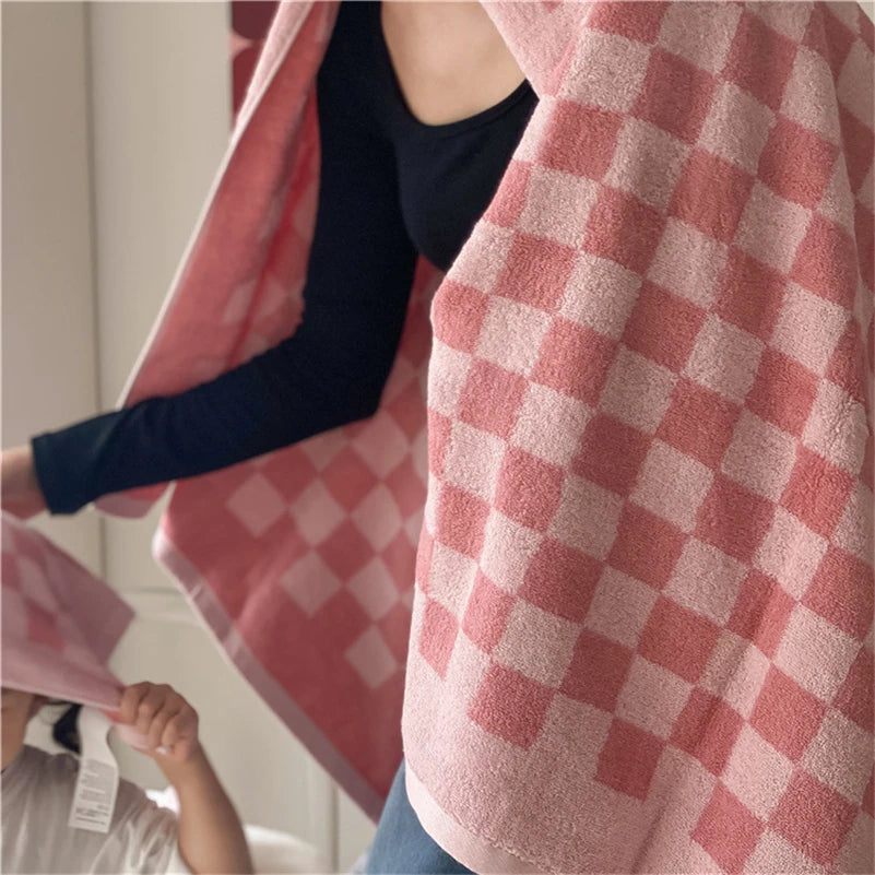 Ihomed Long-Staple Cotton Home Towels, Retro Color Matching Shower Towel, Checkerboard Plaid Face/ Hand/ Bath Towel, Soft Absorbent