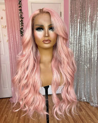 Ihomed Long Last 26Inch Wavy Pink Synthetic Hair Wigs for White Women Glueless Transparent Lace Front Wigs High Temperature Fiber