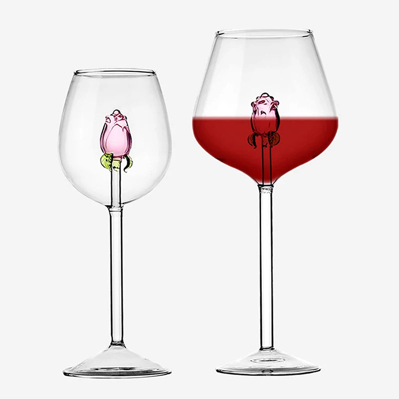 Ihomed 1 Pcs Creative 3D Pink Glass Rose Build-In Red White Wine Glasses Cup Elegant Goblet Champagne Household Valentine Gift